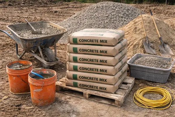 cement bags and some concrete tools from Leander Stamped Concrete in Leander, TX - Concrete Contractor near me cement bags and some concrete tools from Leander Stamped Concrete in Leander, TX - Concrete Contractor near me